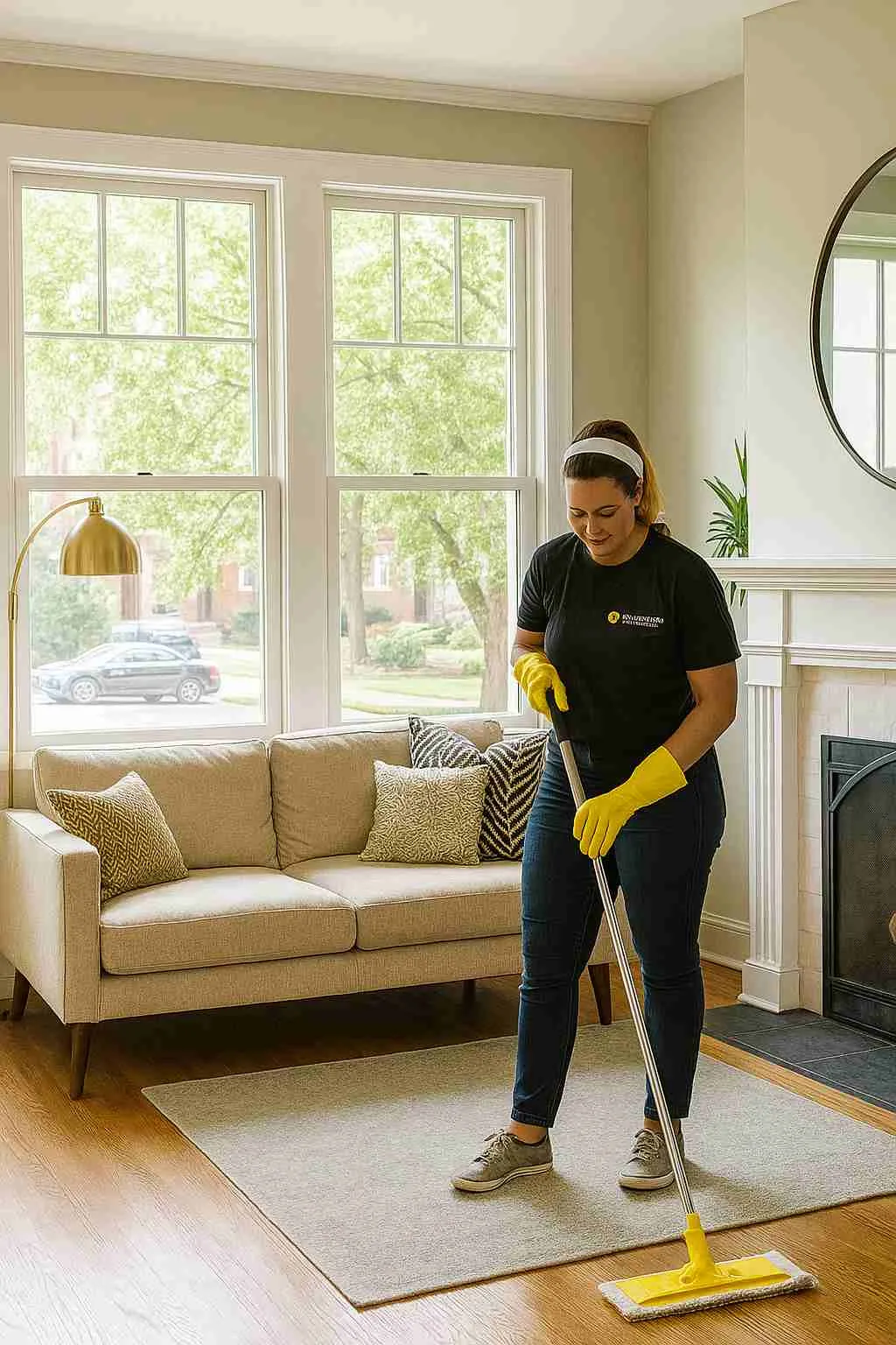 a Richmond living room with a professional cleaner mopping near tall windows overlooking a tree-lined street