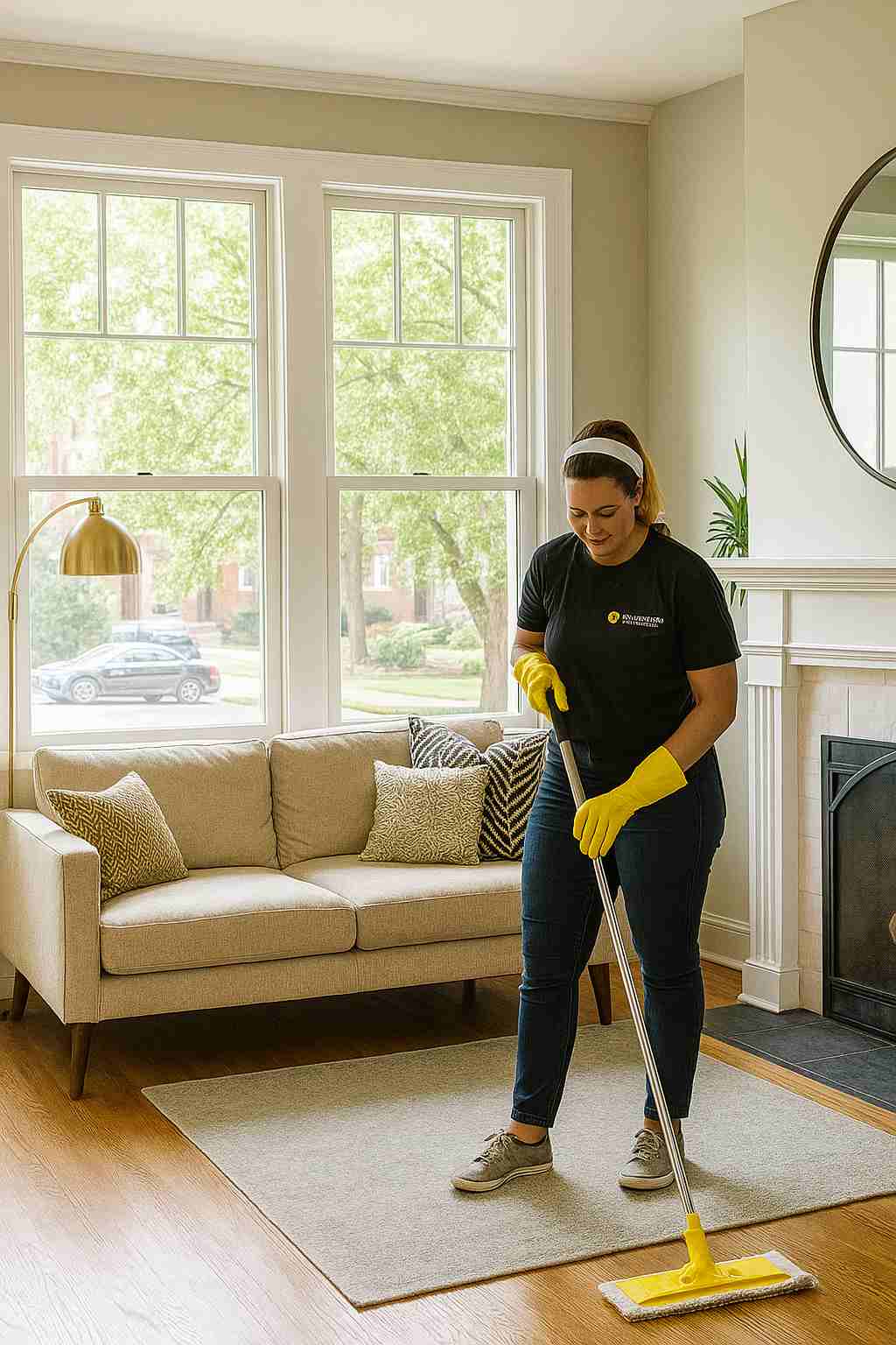 a Richmond living room with a professional cleaner mopping near tall windows overlooking a tree-lined street