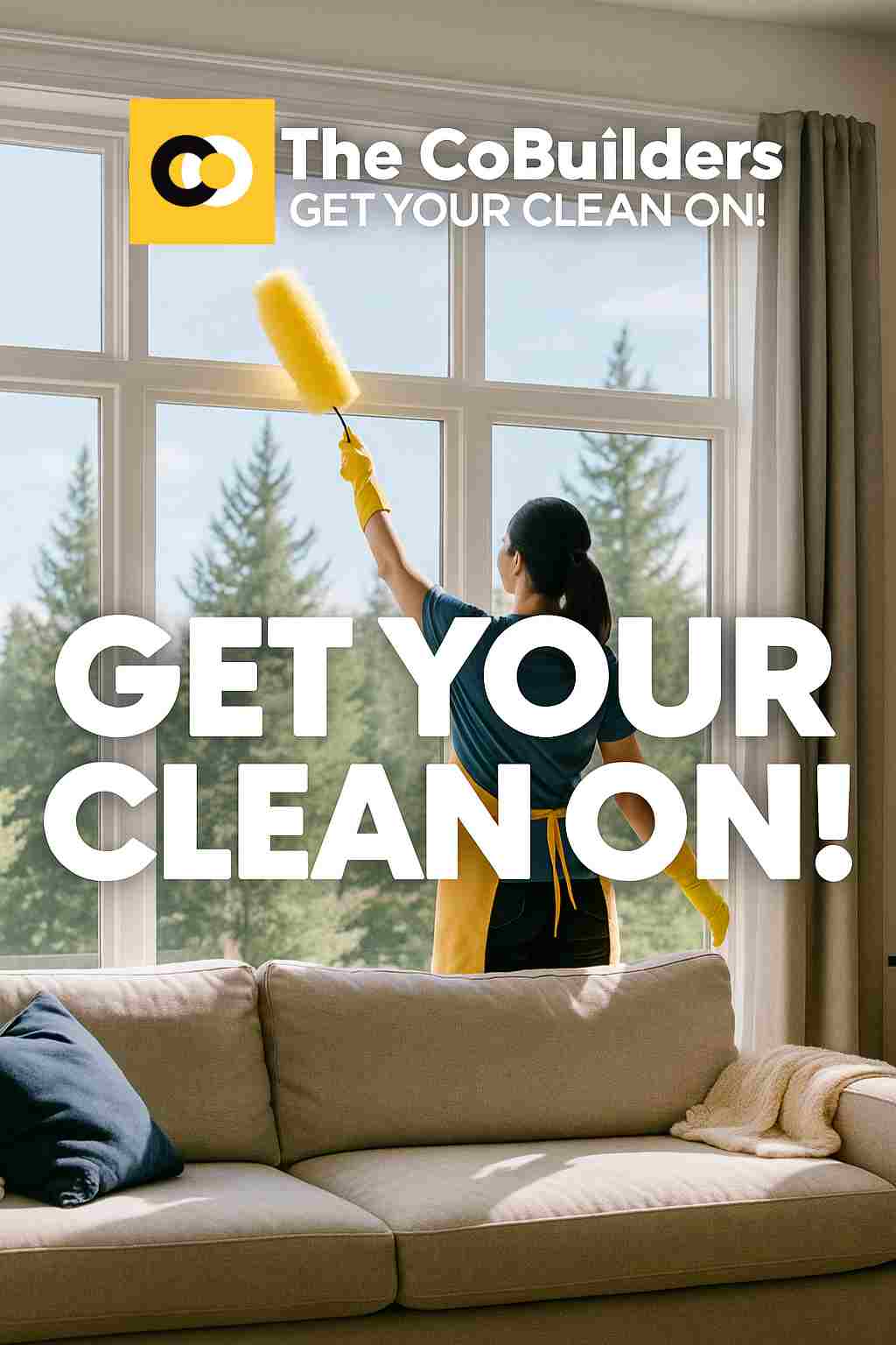 a Spokane living room with a cleaner dusting near a large window overlooking pine trees