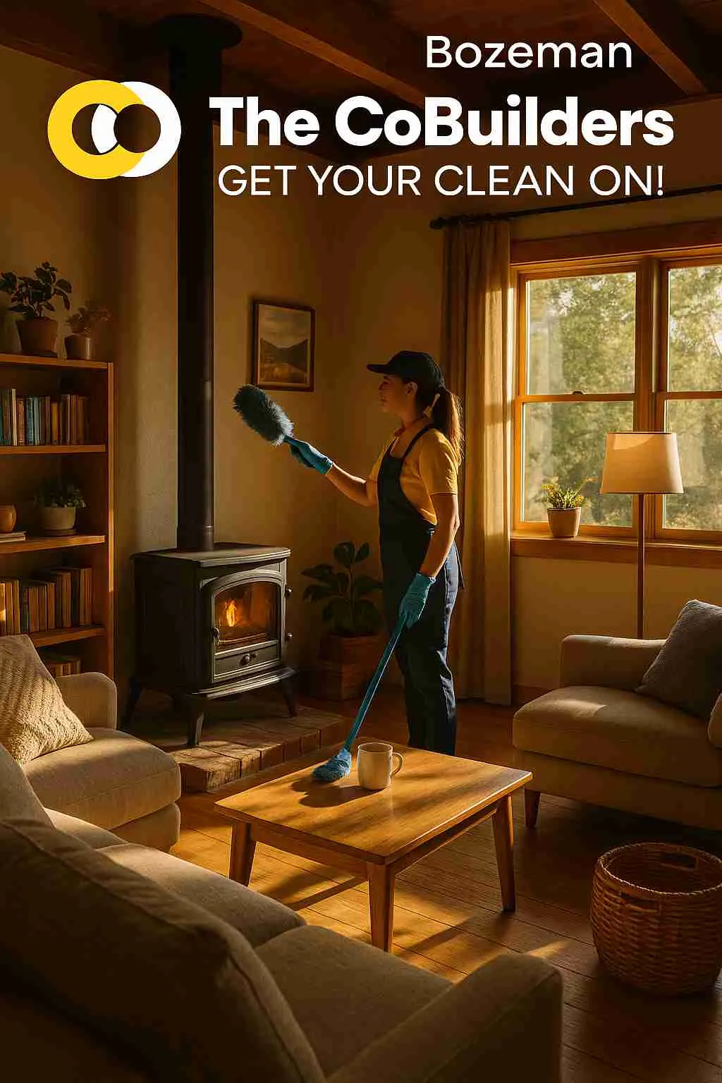 a cozy Bozeman living room with sunlight and a cleaner dusting near a wood-burning stove