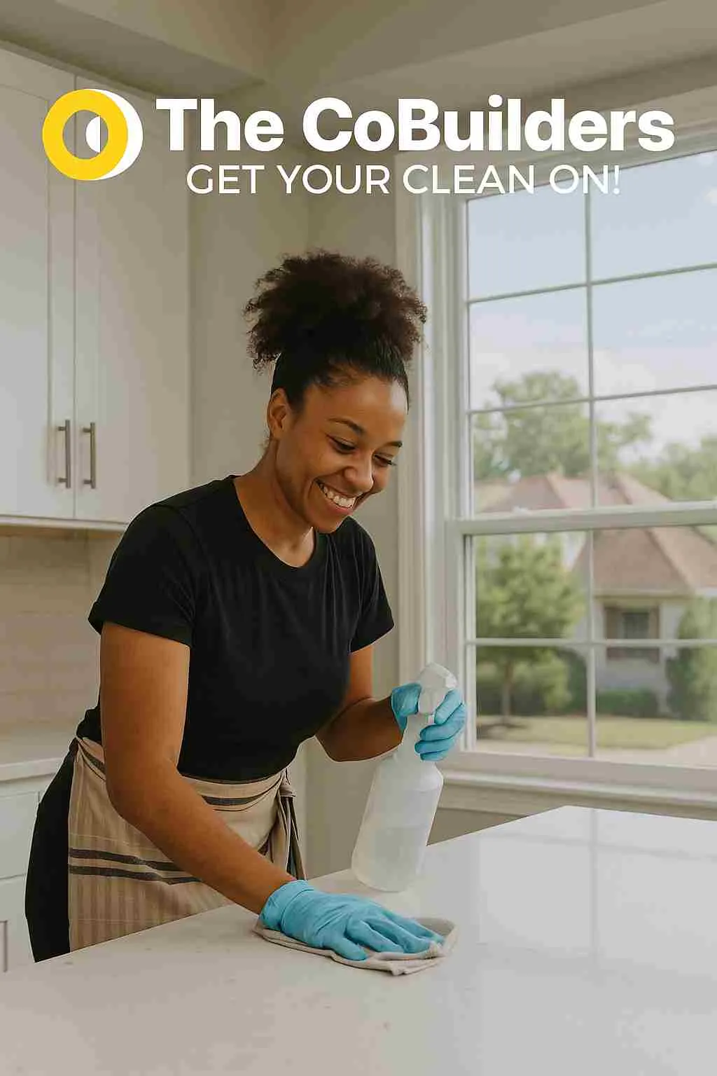 a bright Des Moines kitchen being wiped down by a smiling professional cleaner with big windows overlooking a neighborhood street