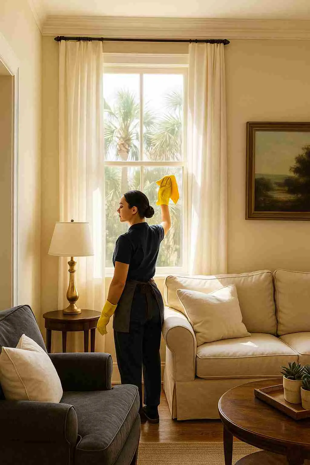 a Charleston living room with natural light and a cleaner dusting near a window with palmetto trees outside