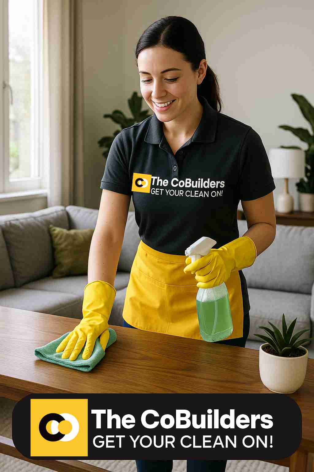 Professional maid from The CoBuilders providing eco-friendly home cleaning service in Madison, Wisconsin living room