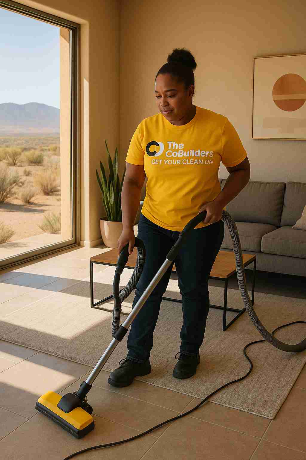 The CoBuilders cleaning service house cleaner vacuuming a modern Albuquerque home with desert light streaming in