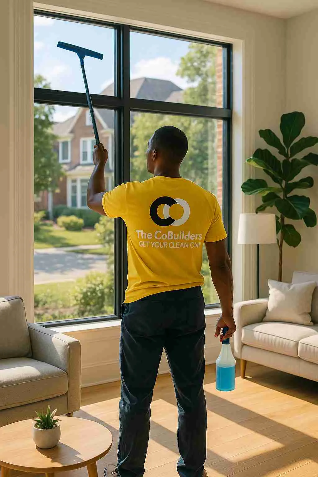 The CoBuilders local house cleaner providing streak-free windows cleaning service in a modern Raleigh living room with natural sunlight