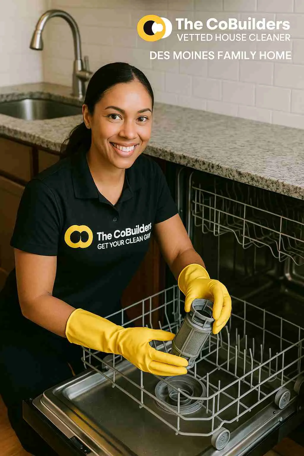 Vetted house cleaner from The CoBuilders providing dishwasher maintenance and cleaning the filter inside a Des Moines family home