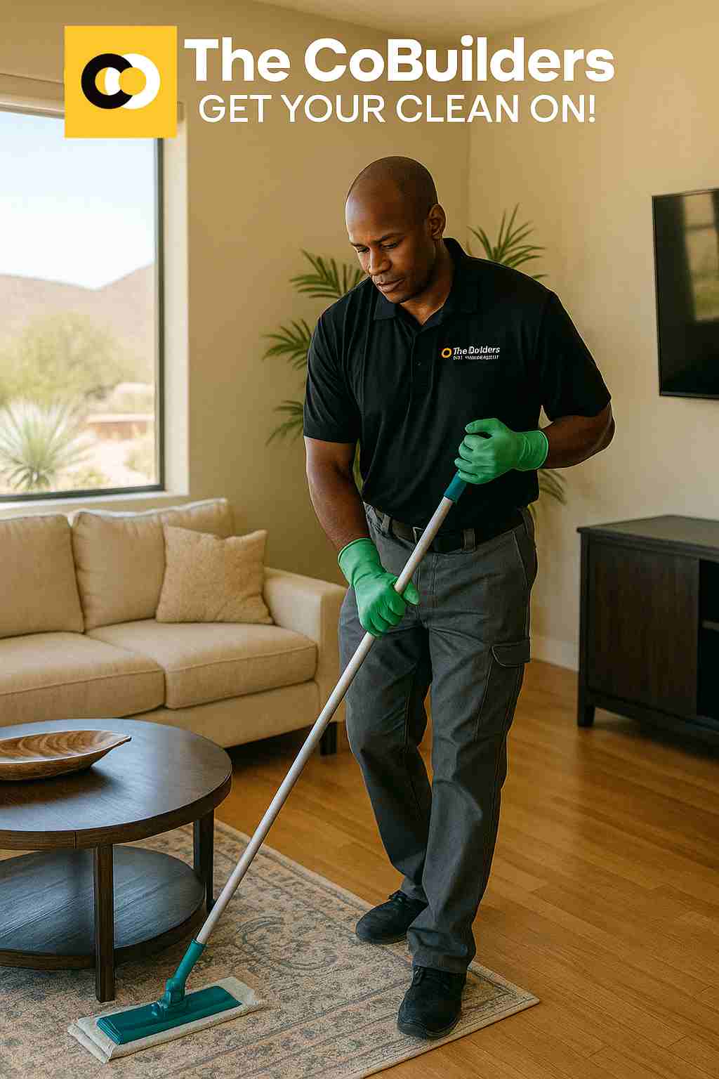 Professional cleaner from The CoBuilders providing one time deep cleaning service in a Tucson, Arizona home with desert sunlight streaming through windows