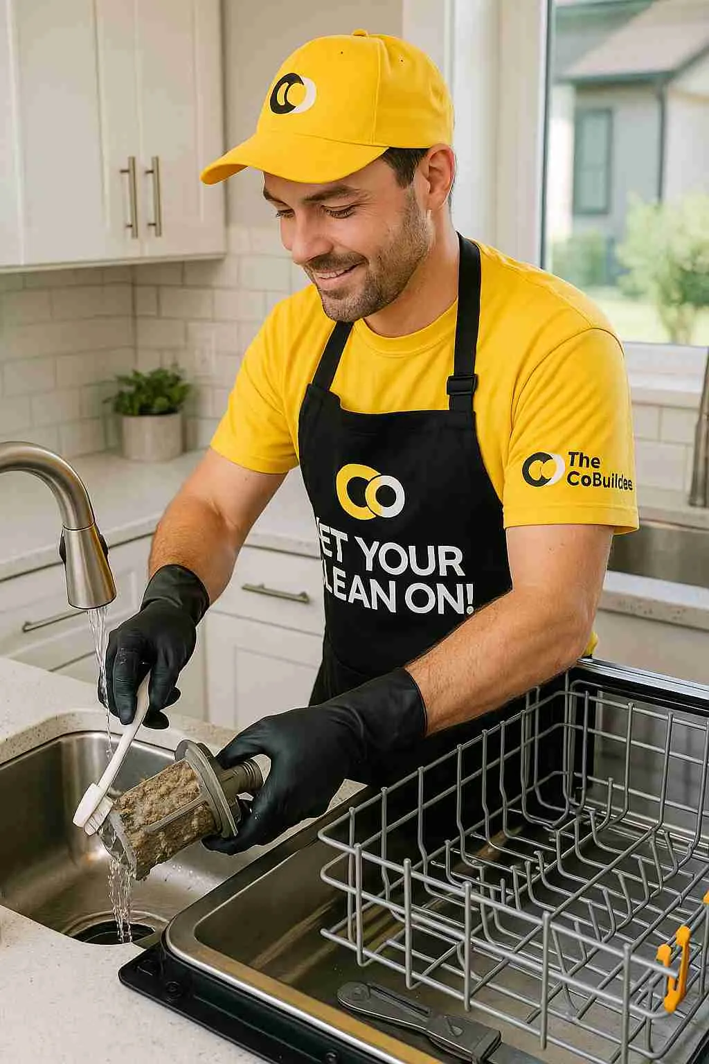 Eco-friendly dishwasher filter cleaning service by The CoBuilders in Boise, Idaho — cleaner wiping stainless steel dishwasher interior