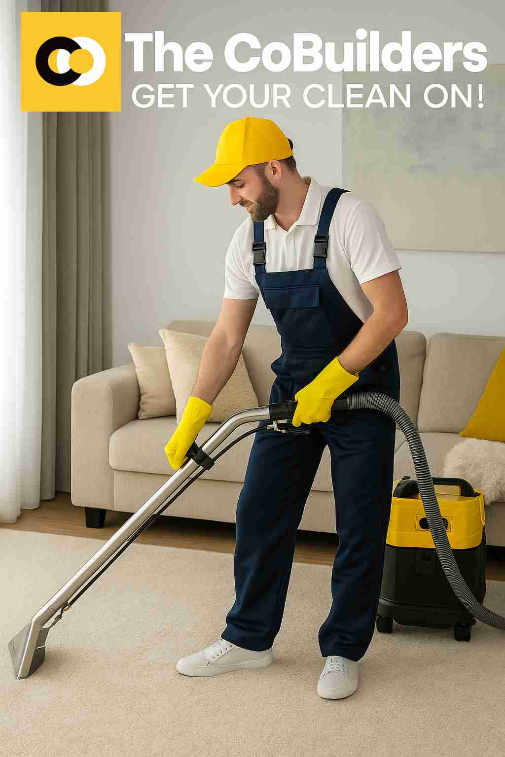 A professional carpet cleaning technician operating a carpet steam-extraction machine in a living room, with clean carpet contrast, bright natural light, soft furnishings — realistic style.