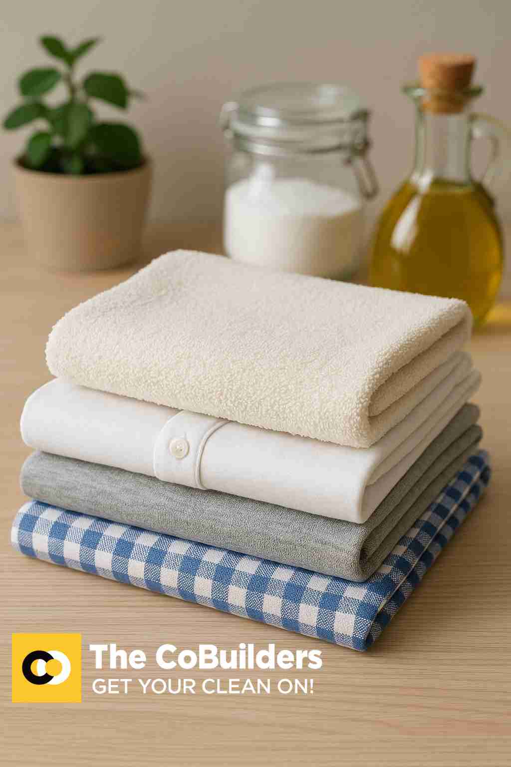 Clean folded laundry on table after removing grease stains using natural cleaning methods