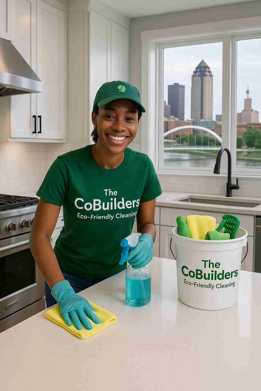 Eco-friendly cleaning service by The CoBuilders in a modern Des Moines, Iowa kitchen with bright countertops