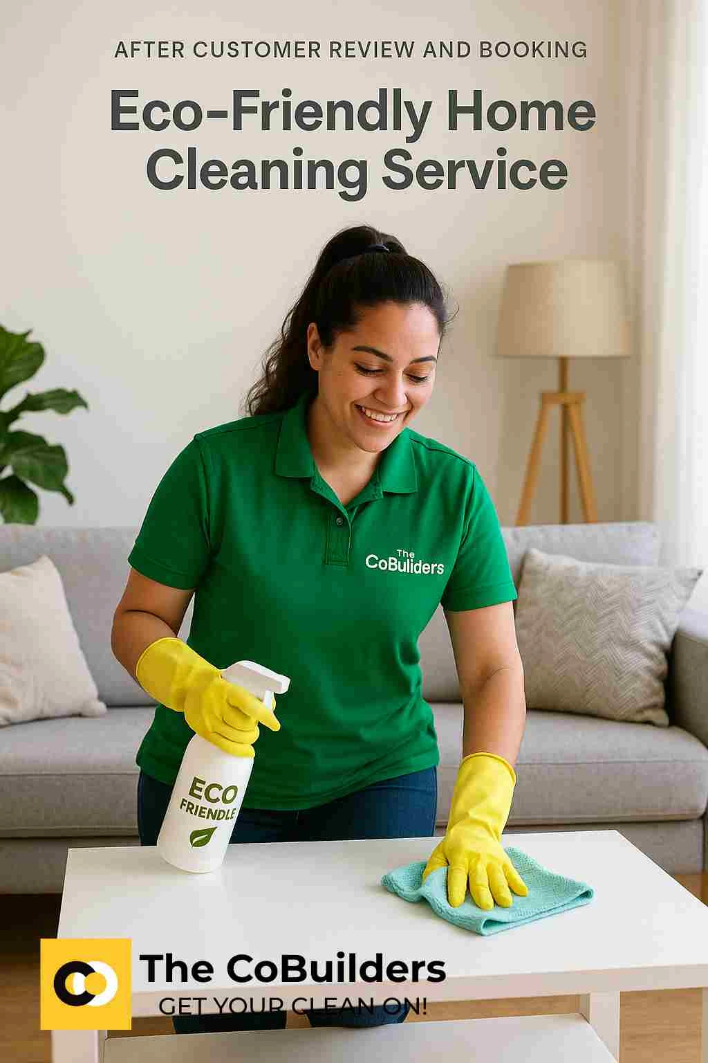 Professional cleaner from The CoBuilders performing eco-friendly home cleaning service after customer review and booking