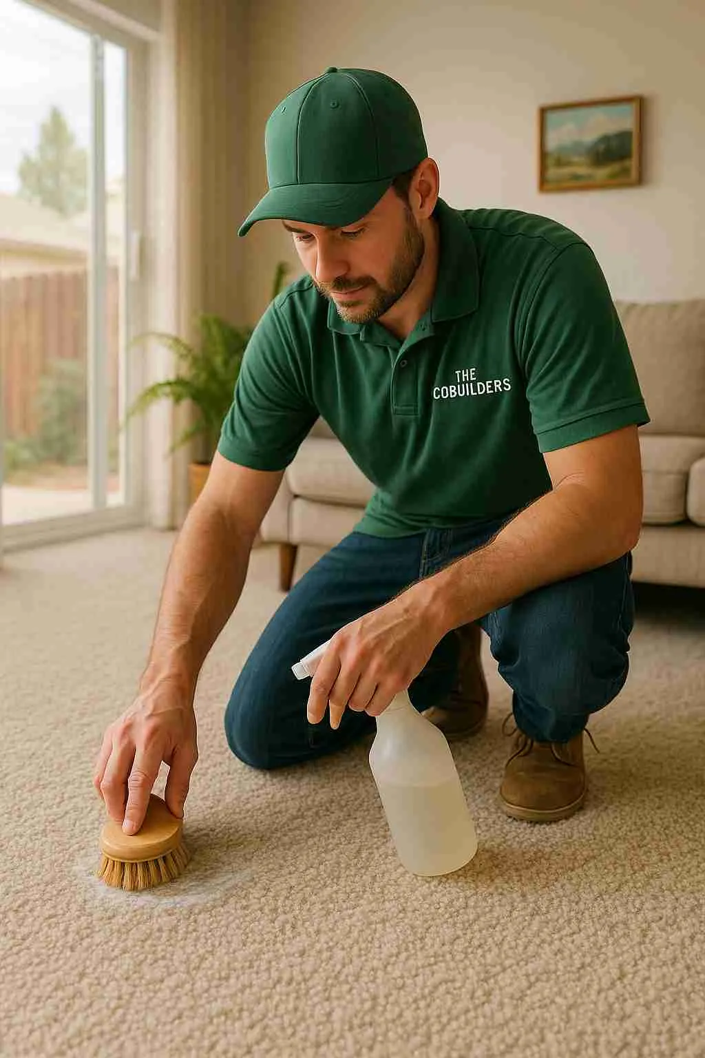 Eco-friendly carpet cleaning in Reno, Nevada home by The CoBuilders professional using gentle brush and natural solution