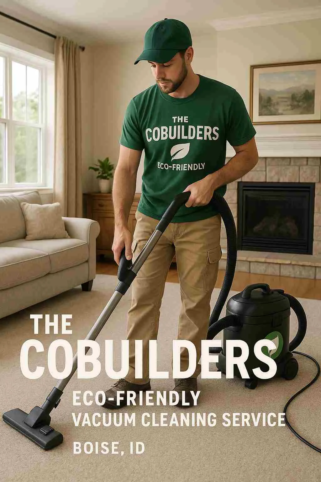 The CoBuilders eco-friendly vacuum cleaning service removing dust from carpeted floors in a Boise, ID family home