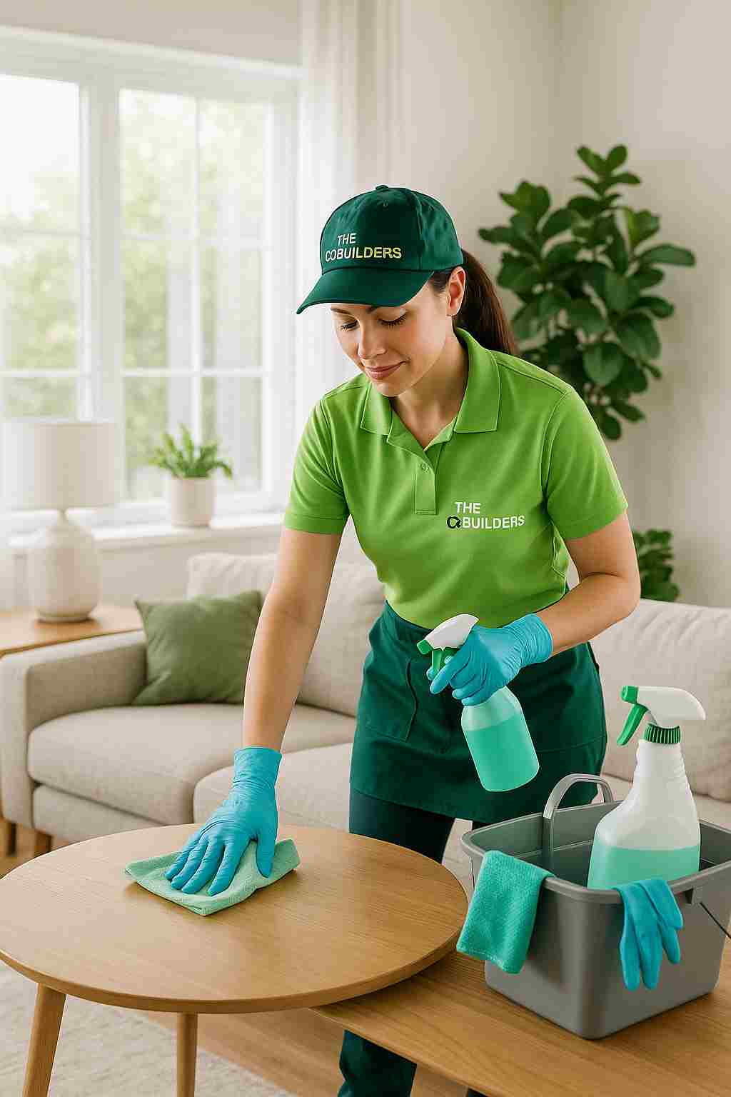 Professional cleaner from The CoBuilders performing eco-friendly home cleaning service in a bright modern living room