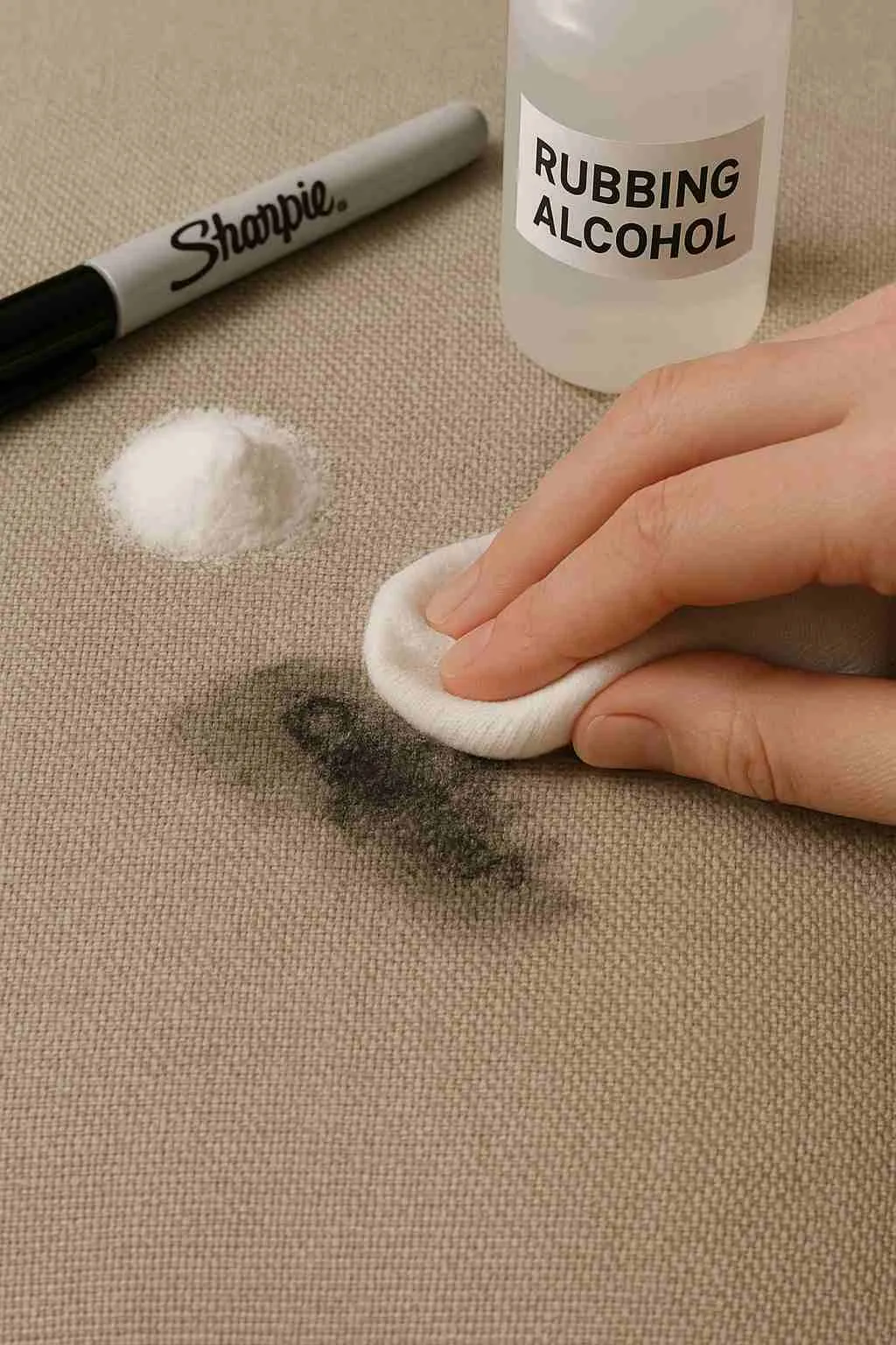 Close-up of gentle Sharpie marker removal process on fabric upholstery using baking soda and rubbing alcohol