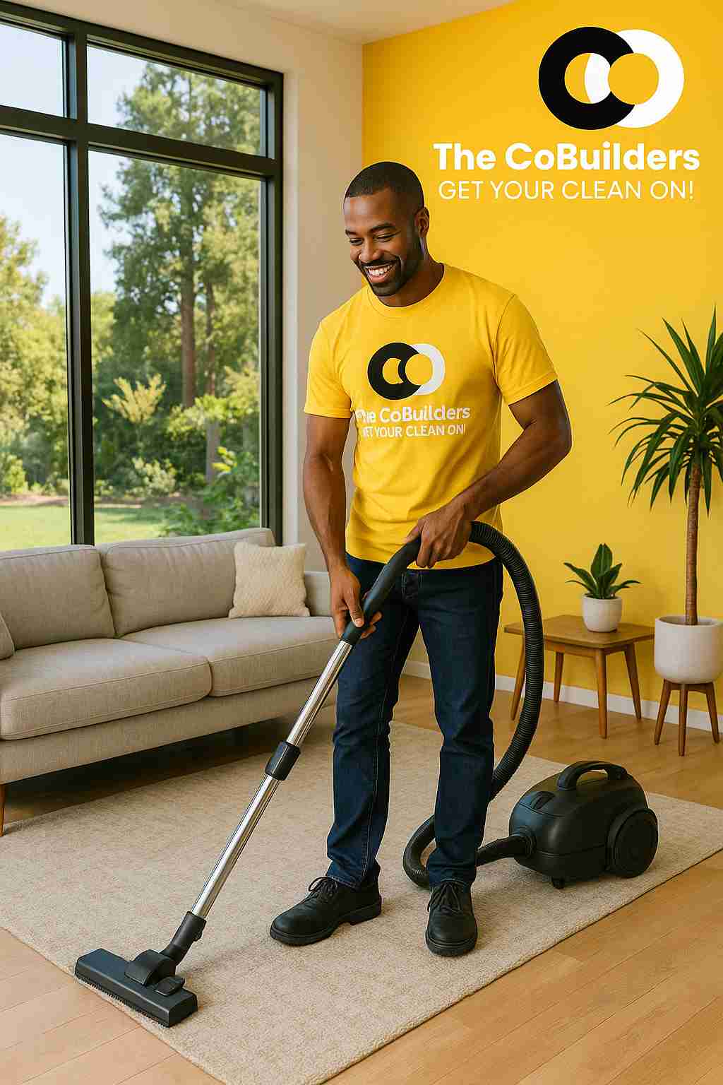 The CoBuilders cleaner vacuuming a living room with floor-to-ceiling windows in Palo Alto, California