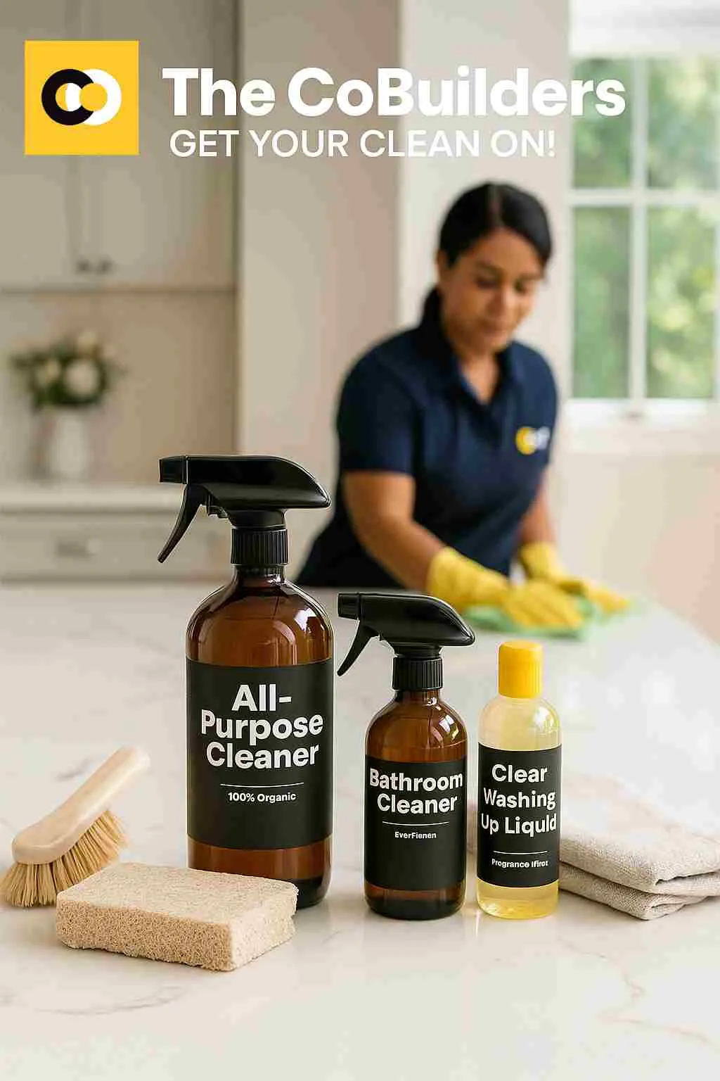 Eco-friendly cleaning supplies used by The CoBuilders professional cleaner in a bright Chicago family home