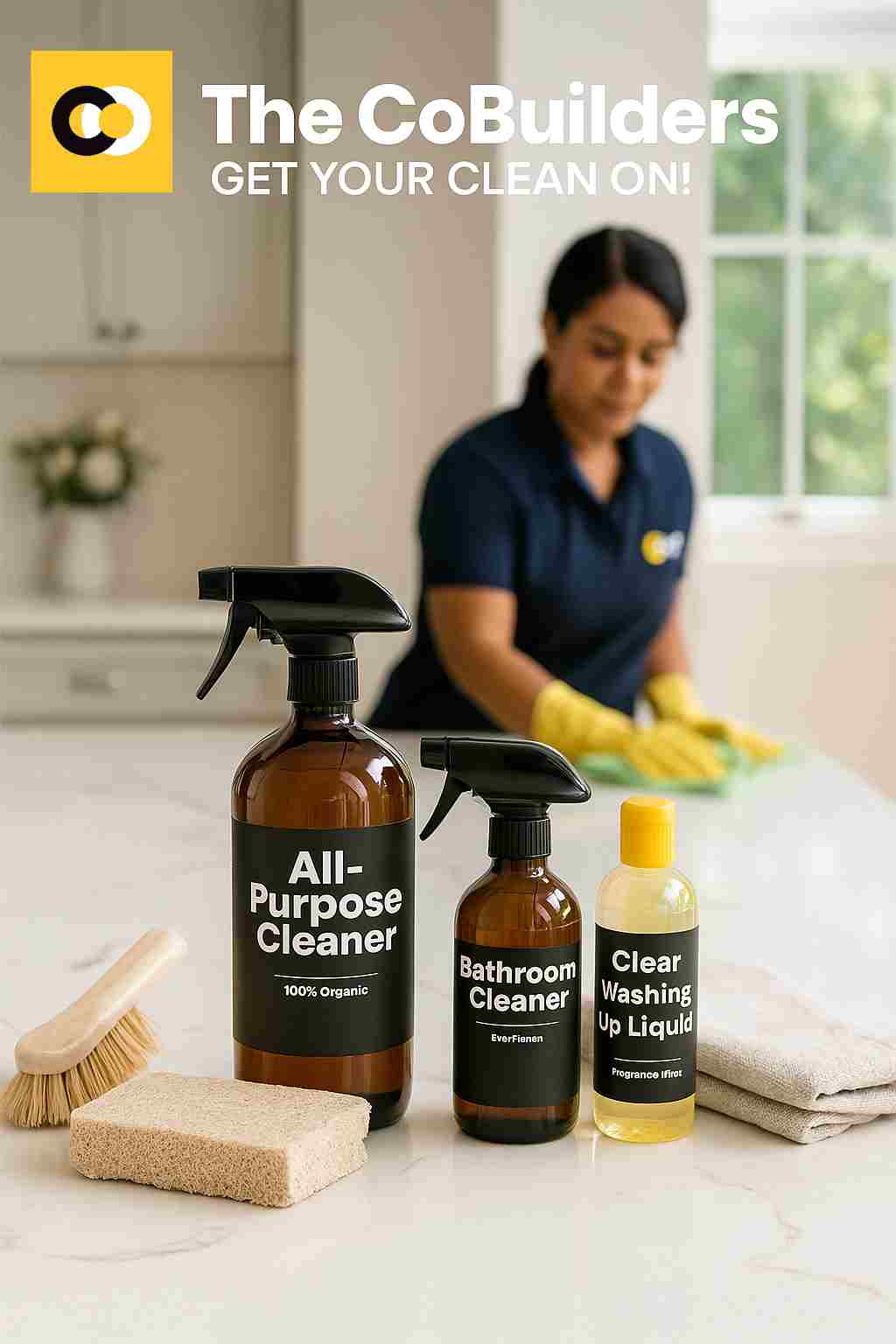 Eco-friendly cleaning supplies used by The CoBuilders professional cleaner in a bright Chicago family home