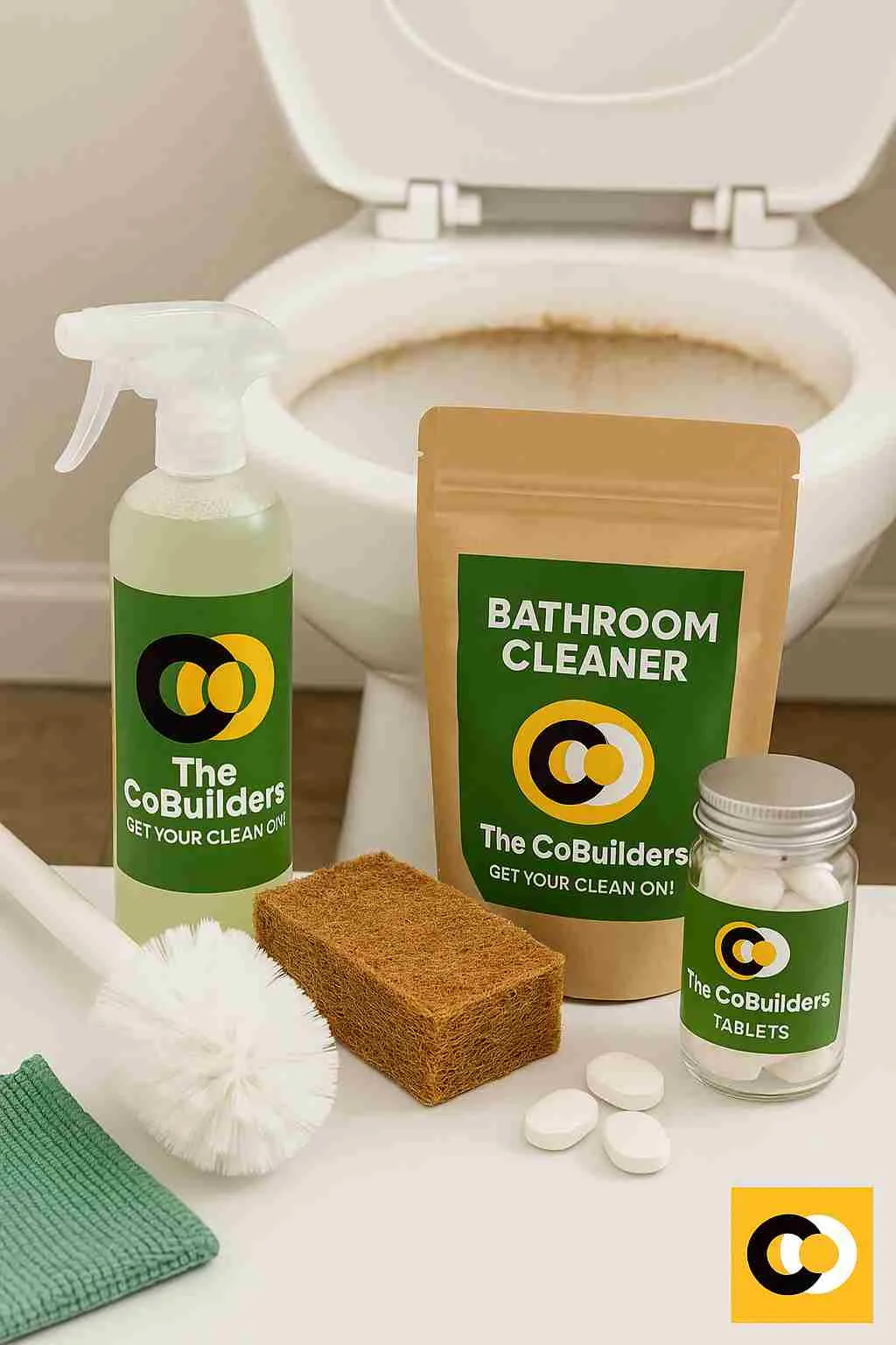 Eco-friendly cleaning products and tools used to remove toilet bowl stains caused by hard water buildup