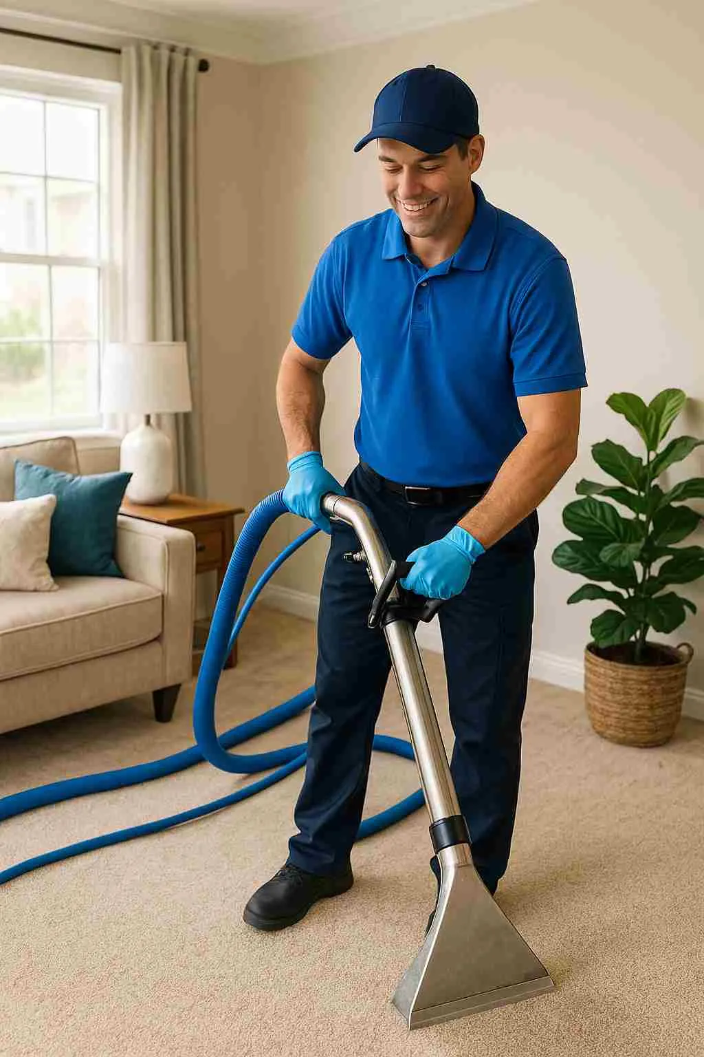The CoBuilders professional using a carpet cleaning machine in a Nashville living room