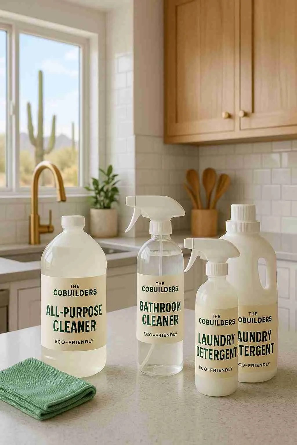 Eco-friendly cleaning products used by The CoBuilders maid service in a bright Arizona kitchen
