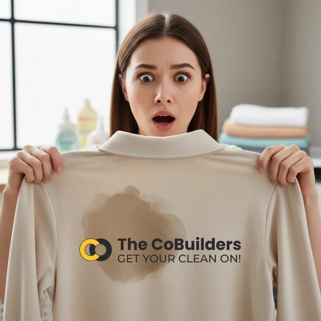 women shocked after seeing grease stain on shirt