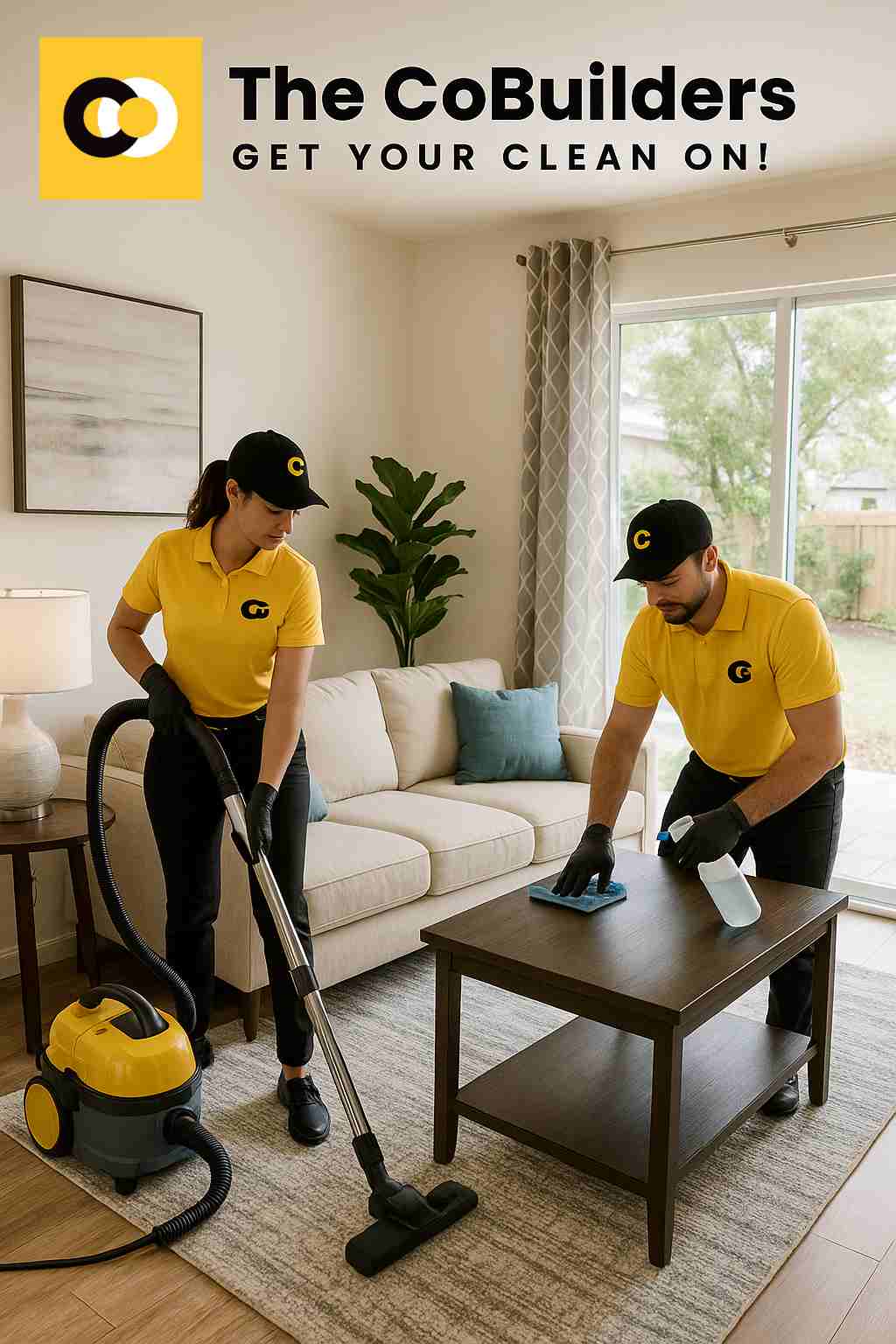 The CoBuilders professional cleaning a living room in a Tampa, Florida home
