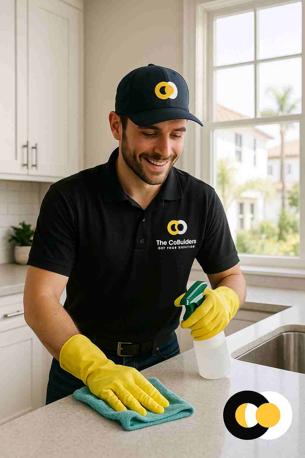 Professional house cleaner in a bright San Diego home using eco-friendly cleaning products