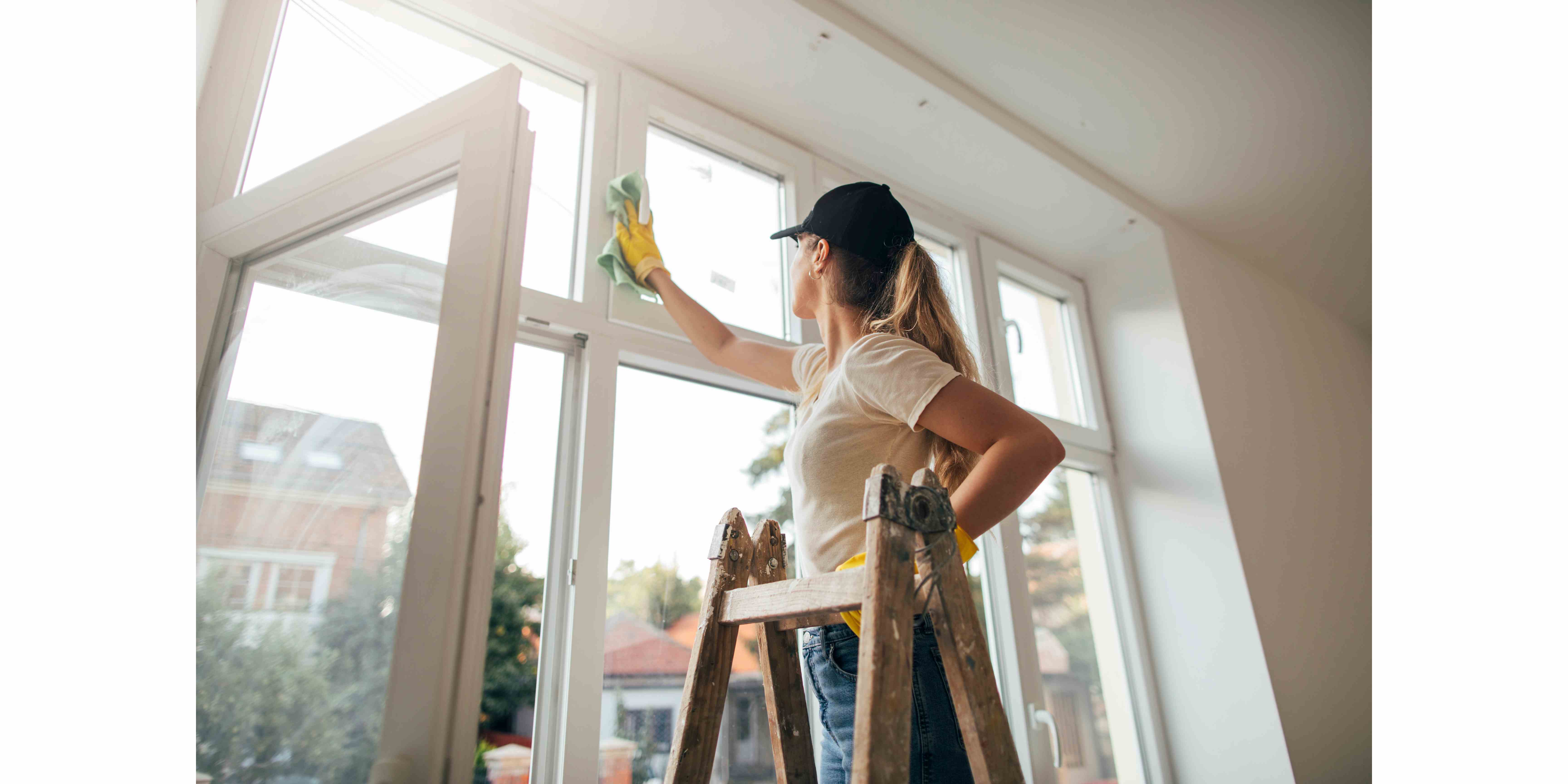 house cleaner on a ladder cleaning window glasses