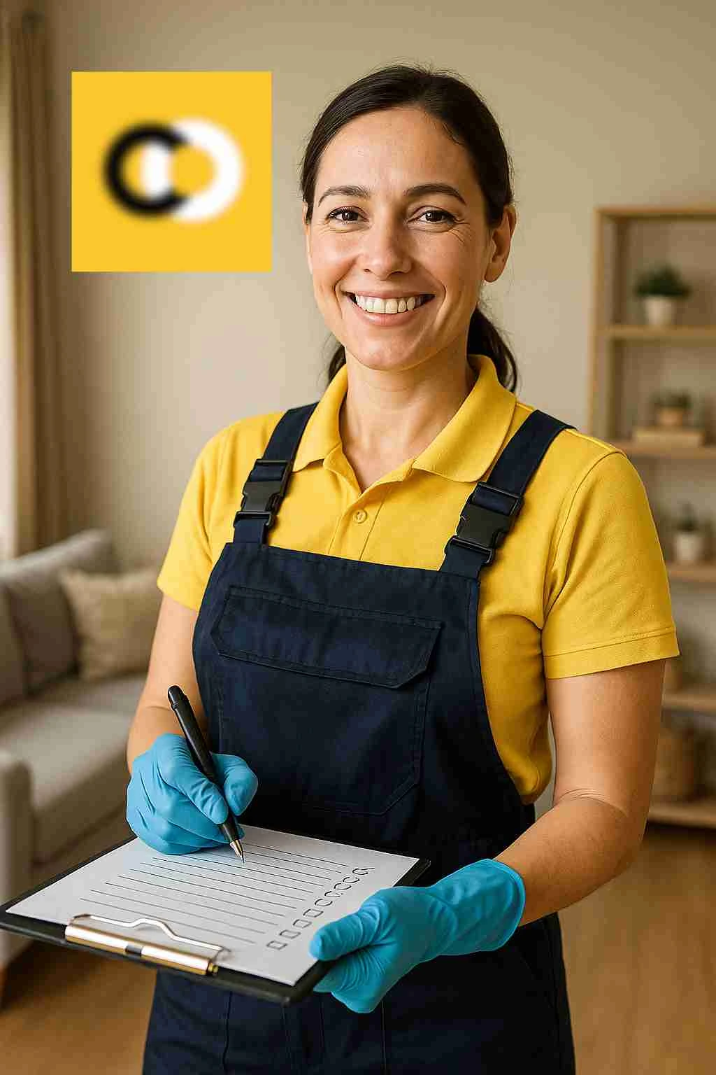 Professional house cleaner with checklist, smiling and proud after a job well done