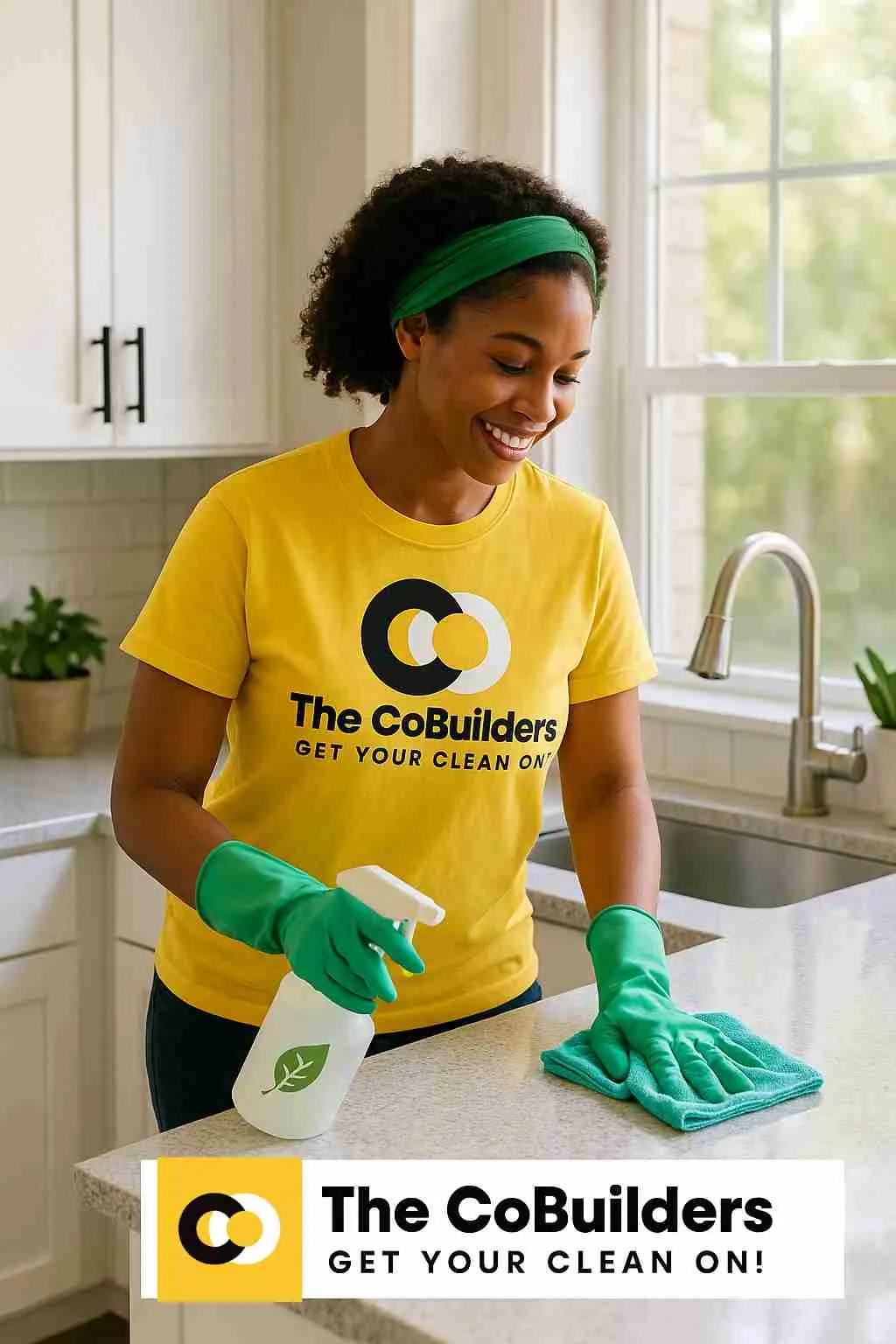 Eco-friendly house cleaner cleaning a kitchen in a Jacksonville, FL home with bright natural light