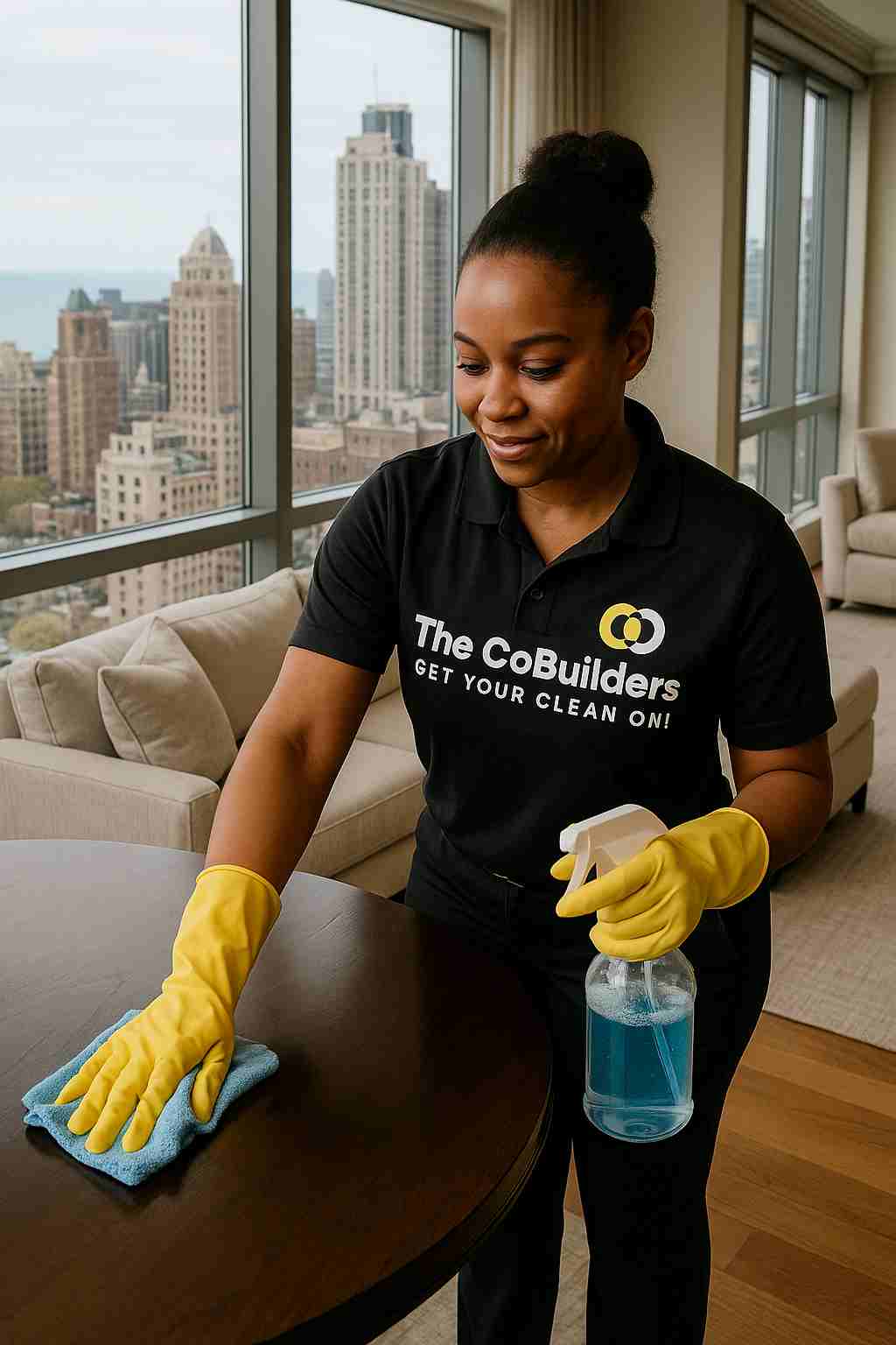 Professional cleaner from The CoBuilders working inside a luxury apartment in Chicago's Gold Coast neighborhood