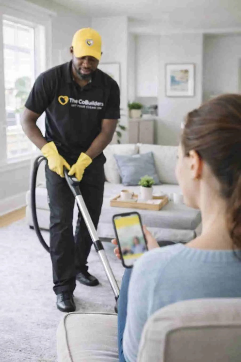 Professional cleaner from The CoBuilders cleaning a bright modern living room while homeowner compares Homeaglow house cleaning services online