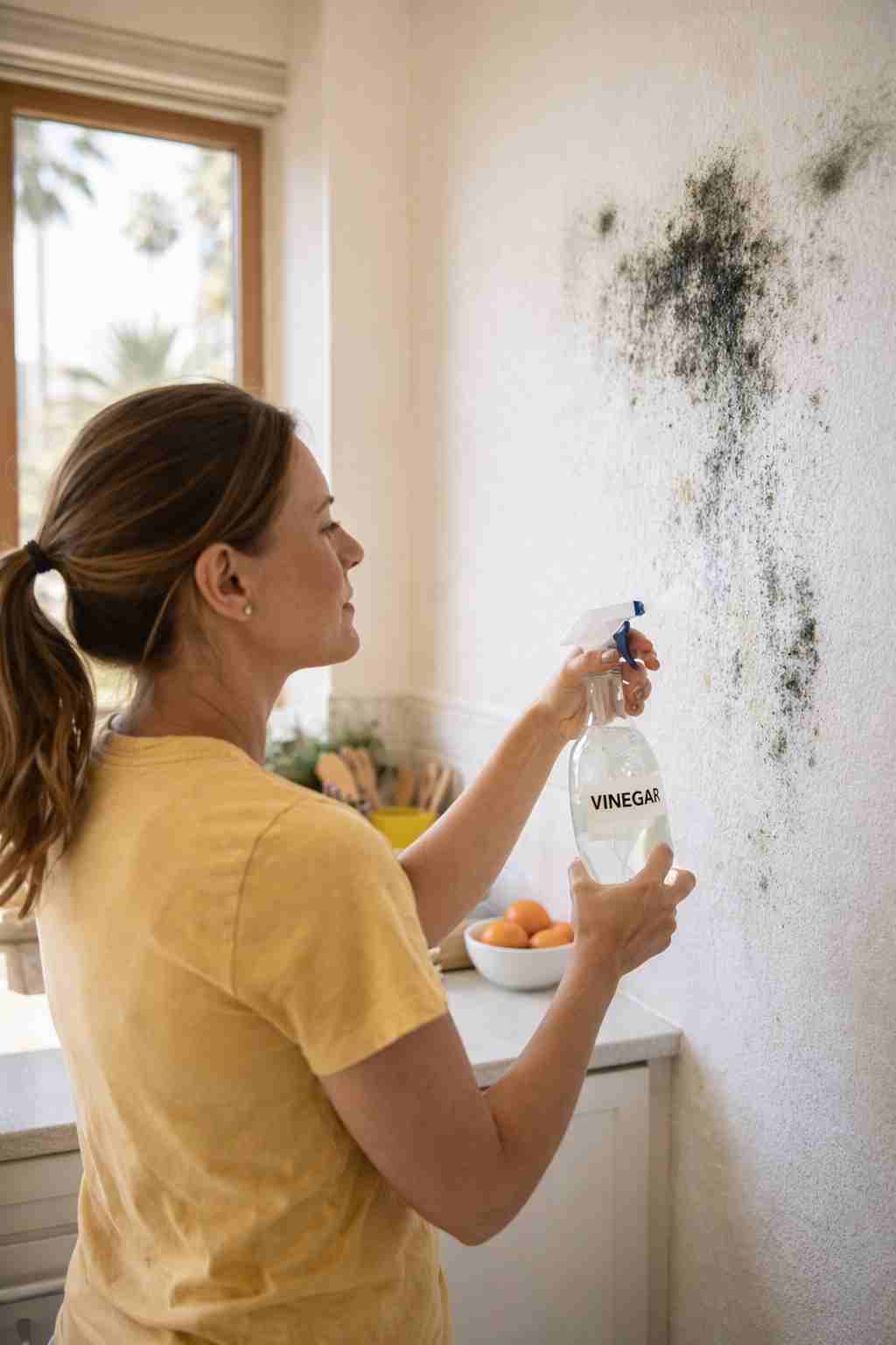 A woman using a spray bottle of vinegar to clean mold off a white wall in a sunny California home kitchen
