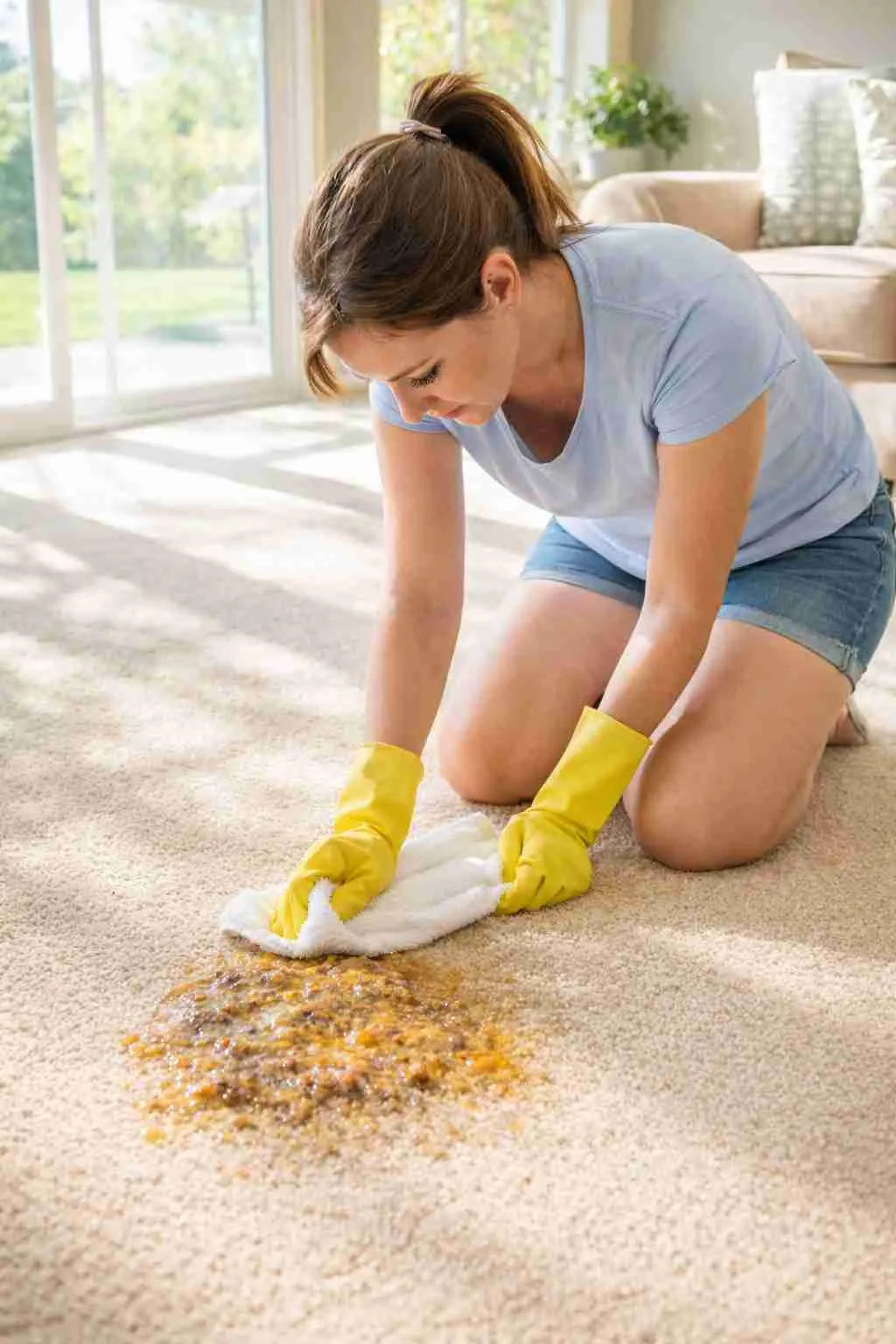A Florida homeowner using gloves and a towel to clean vomit from a beige carpet in a sunny living room
