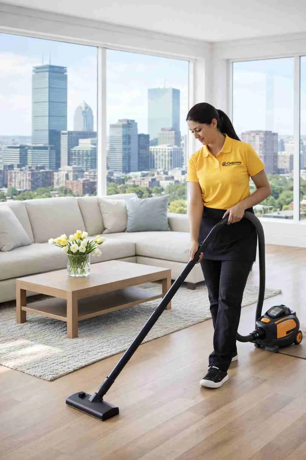 Professional home cleaner in Boston, MA vacuuming a bright living room with a skyline view of downtown Boston in the background