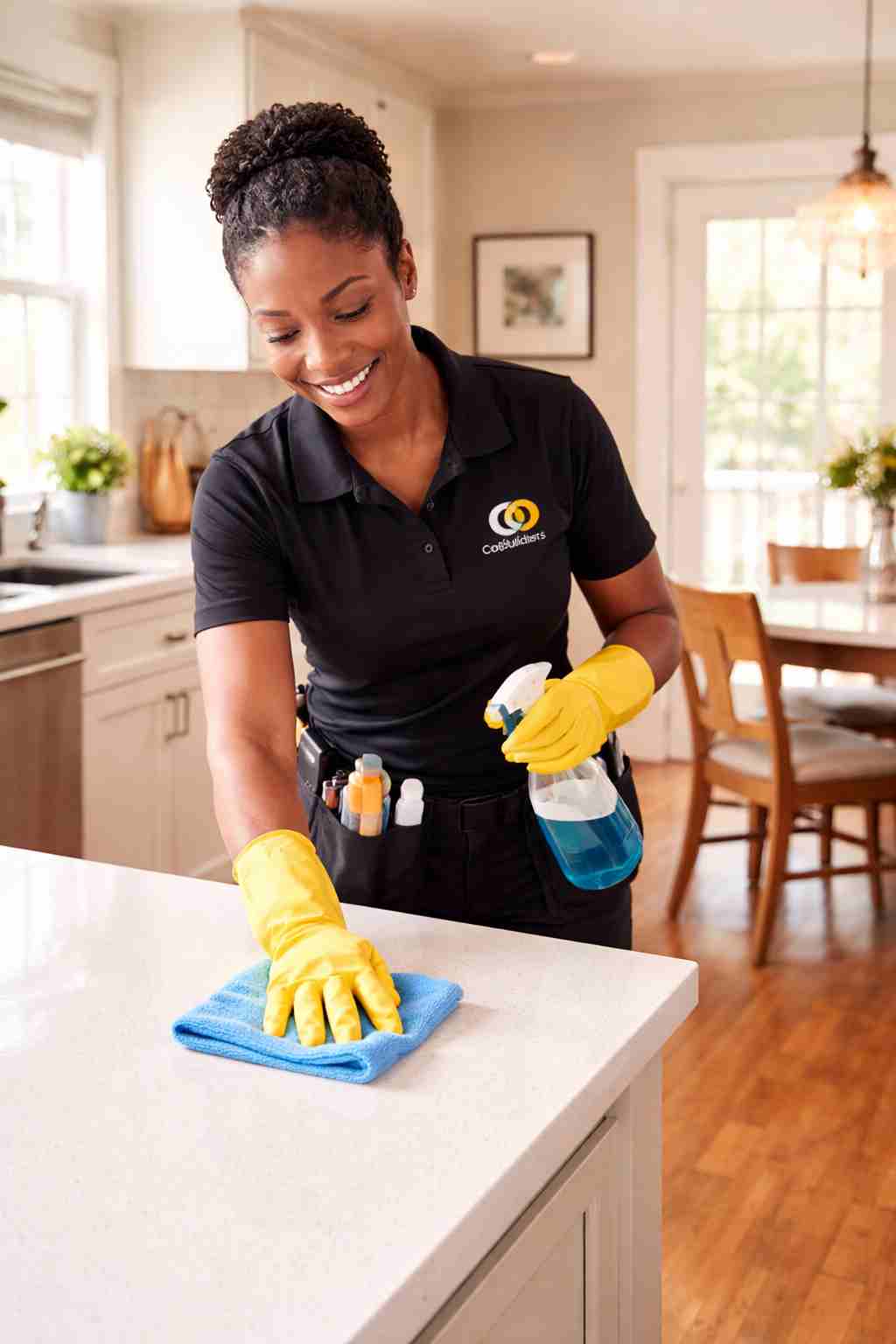 Professional home cleaner wiping a counter in a tidy, sunlit Columbus, OH home with Midwestern decor and hardwood floors