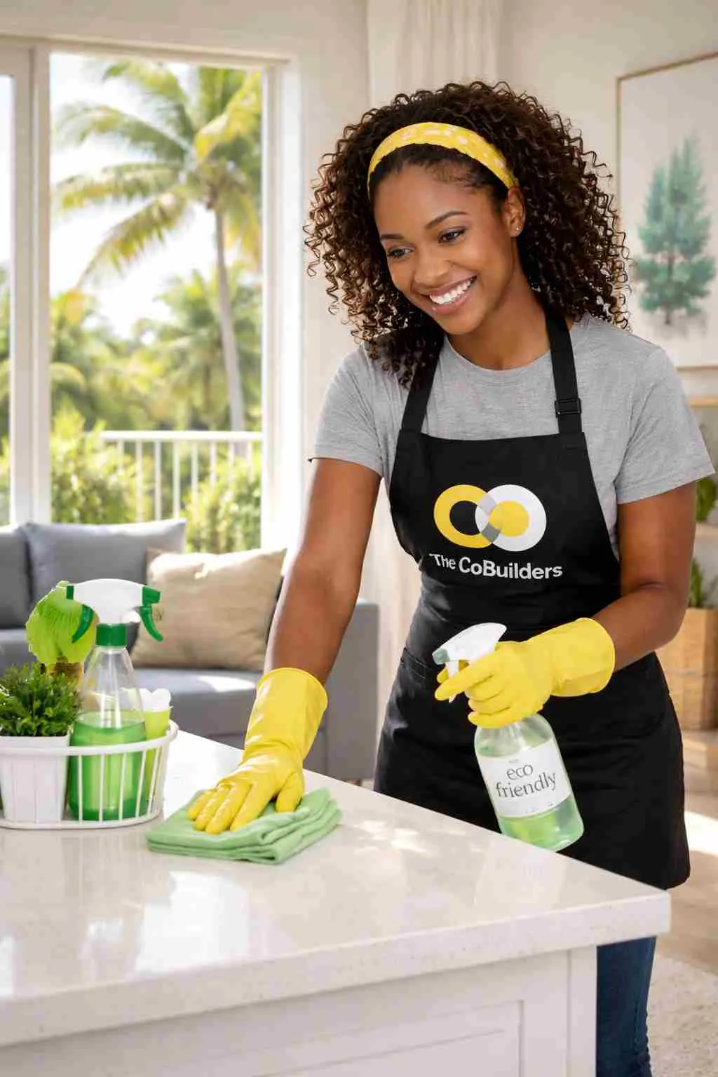 Professional home cleaner in a bright Jacksonville, Florida home using eco-friendly cleaning supplies with palm trees visible outside the window