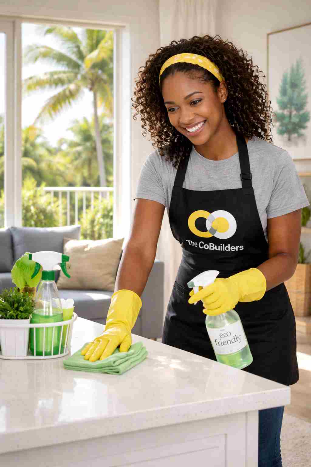 Professional home cleaner in a bright Jacksonville, Florida home using eco-friendly cleaning supplies with palm trees visible outside the window