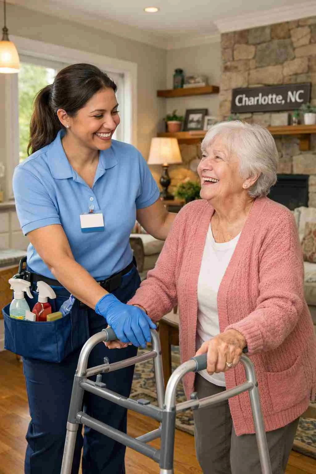 A friendly professional cleaner assisting a senior woman