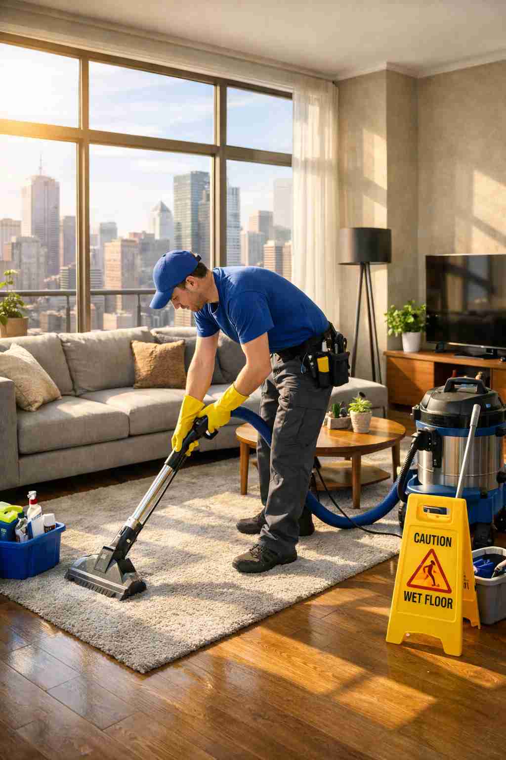 A professional cleaner deep cleaning a modern apartment living room in a high-rise city building with sunlight pouring through large windows