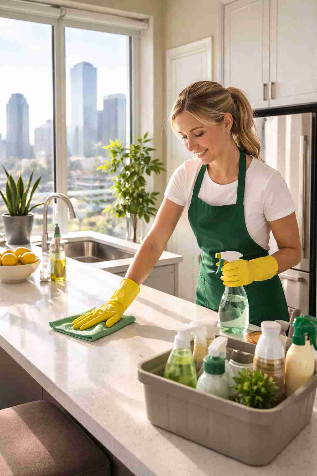Professional cleaner wiping kitchen counters in a modern Dallas apartment with eco-friendly supplies, sunlight streaming through window