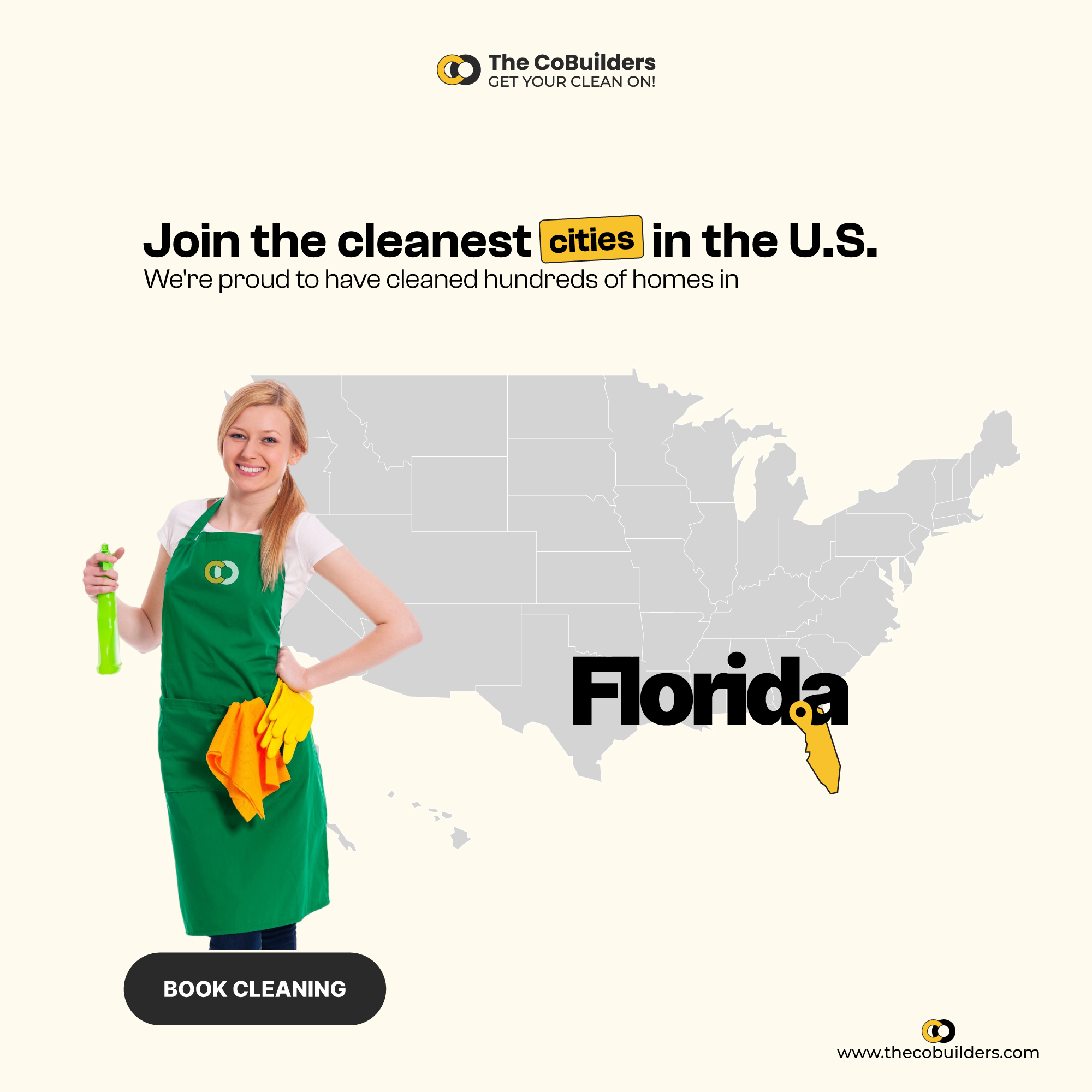 cleaner standing in front of a map of Florida State