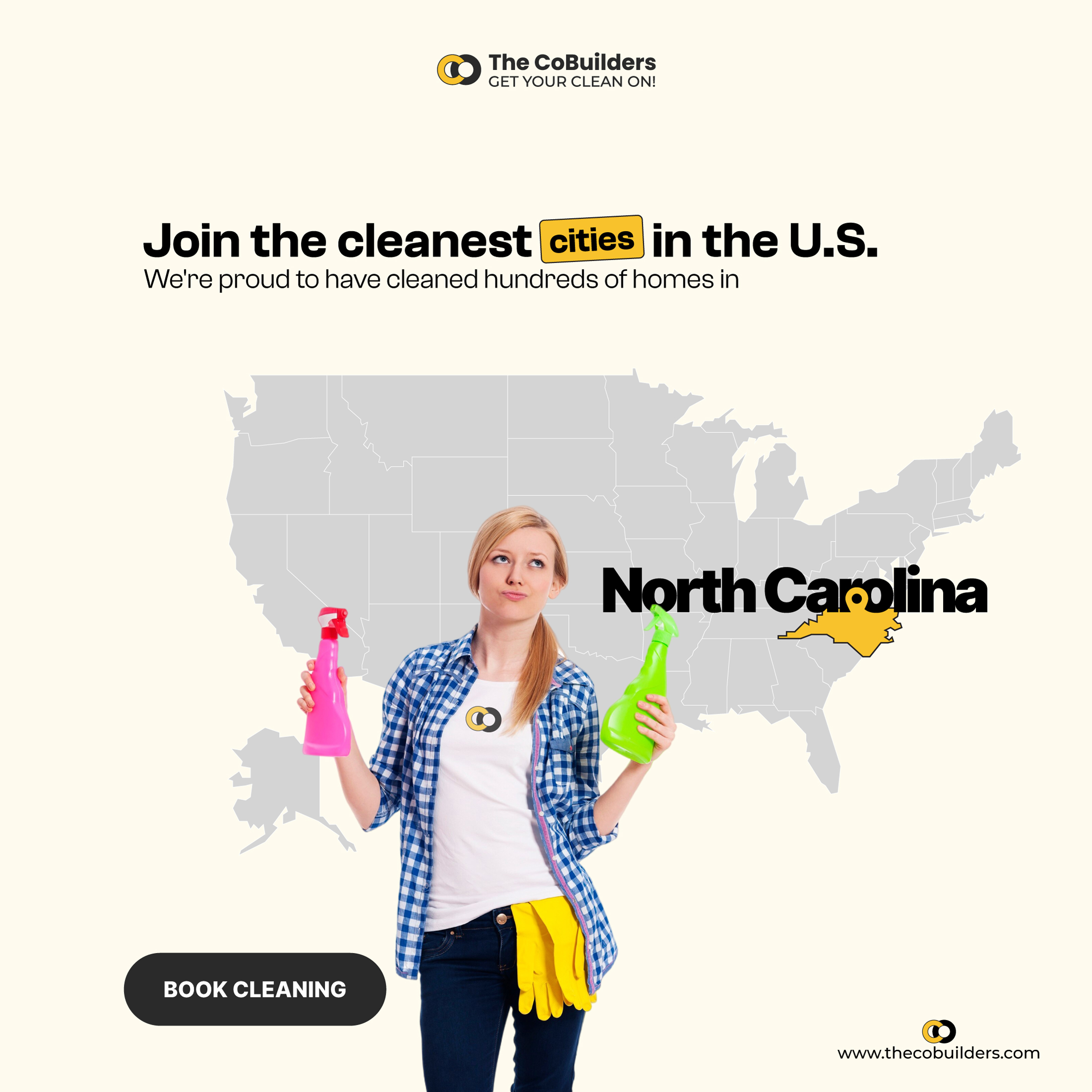 house cleaner standing in front of a map of New Carolina State